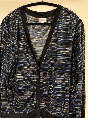 LuLaRoe Striped V-Neck Button Cardigan in Black with Blue and Yellow Accents, La